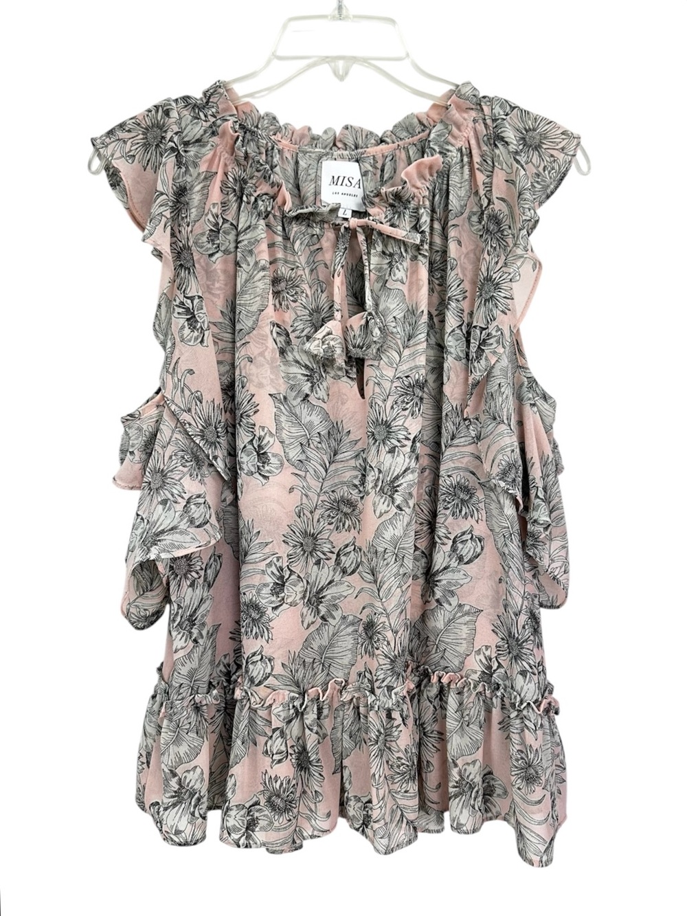 Misa Top Floral Off The Shoulder Ruffle Pink Gray Split V-Neck Women’s Sz Large